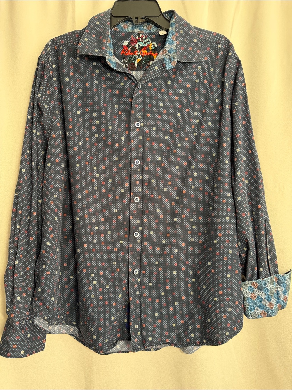Robert Graham Square Polka Dot Navy Red Long Sleeve Button Down XL Classic Fit